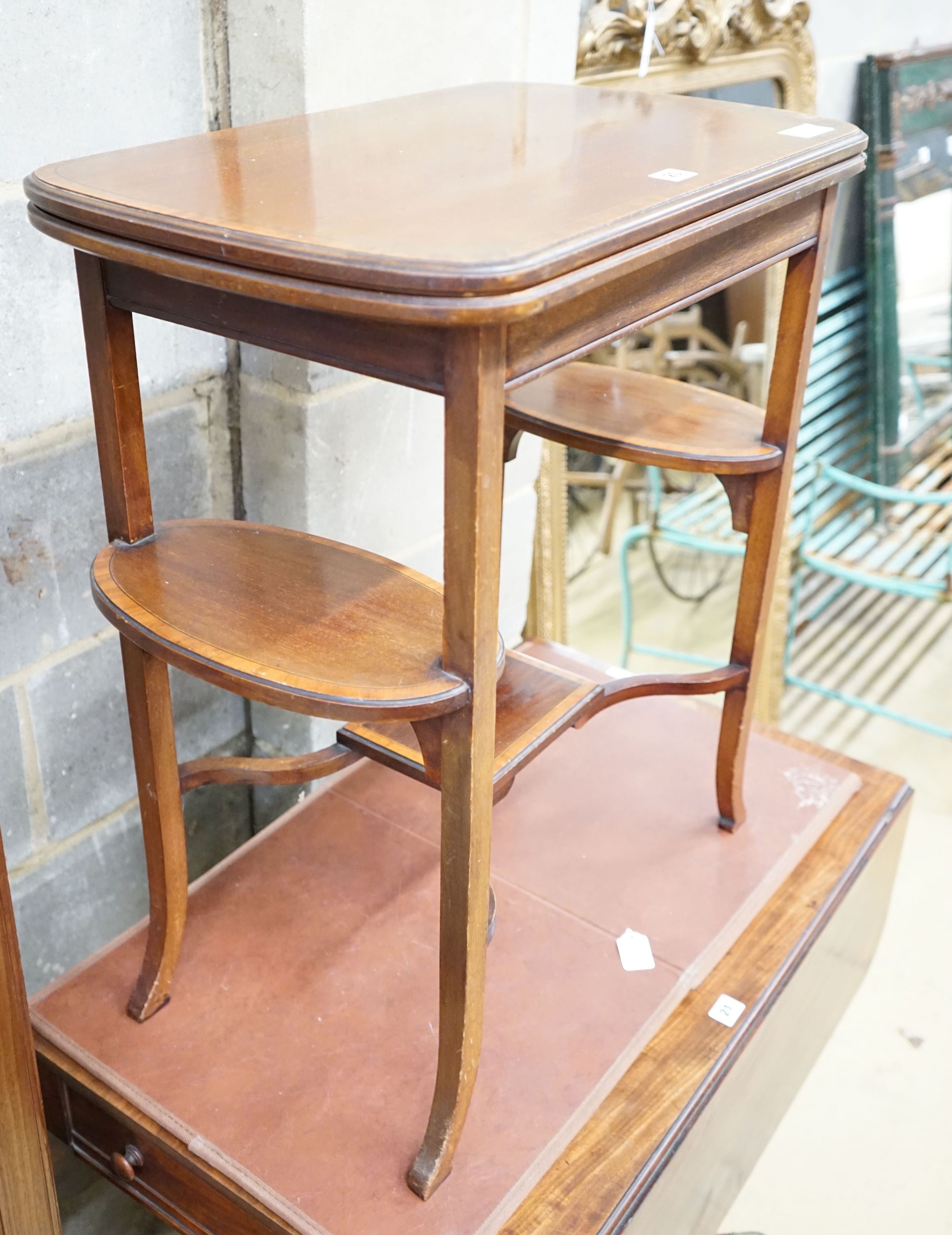 An Edwardian satinwood banded rectangular folding mahogany card table, width 65cm, depth 38cm, height 72cm